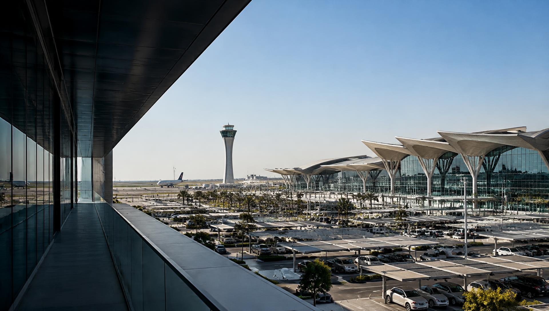 Illustrative airport terminal and parking facilities